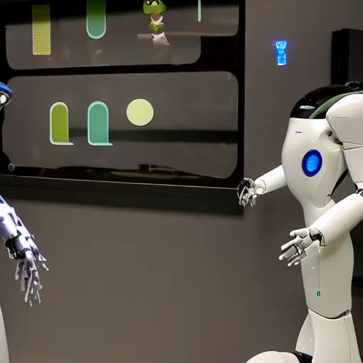 Prompt: humans and ai robots interacting in the future