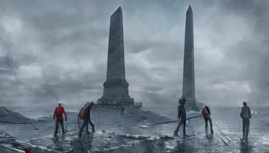 Prompt: men exploring destroyed collapsed washington monument, cloudy day, water, hyperdetailed, artstation, cgsociety, 8 k