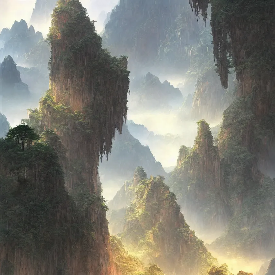 Prompt: a painting of a huangshan, a matte painting by marc simonetti, deviantart, fantasy art, apocalypse landscape, matte painting, apocalypse art