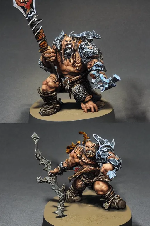 Prompt: a huge orc swinging a battle axe, in the style of world of warcraft. detailed painted Games Workshop miniature, studio lighting