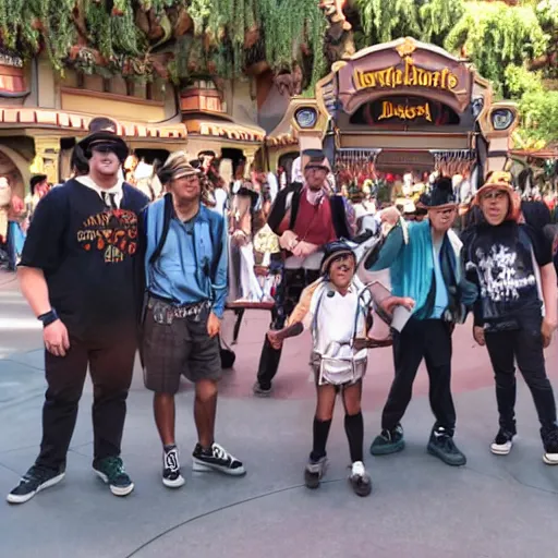 Prompt: a group of gangsters at disneyland