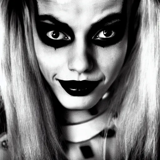 Image similar to Harley Quinn, realistic, portrait, black and white photography, 1960