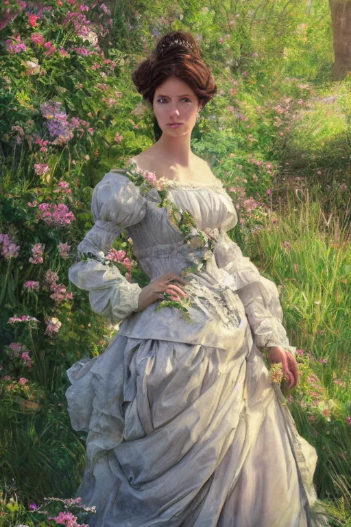 Prompt: portrait of a princess, painting by michael wellen, john stephens, in a verdant garden, tone mapping, trending on artstation