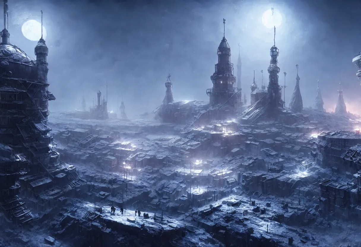 Image similar to frostpunk style concept art of russian city on the moon, matte painting, beautiful render, octane render, concept art