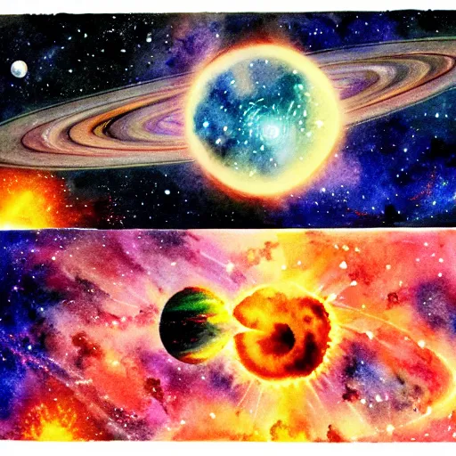 Image similar to planets colliding, space, stars, sun, earth, planets, explosions, nebula, galaxies, huge explosions in space, extreme detail, highly detailed watercolor art