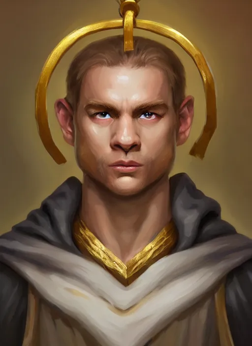 Image similar to symmetry!! oil painting digital art dungeons & dragons facial portrait of a caucasian halfling male cleric, with a ponytail, white robe with gold accents, white and brown robe with gold accents, necklace of a footprint, elegant, highly detailed, digital painting, artstation, concept art, sharp focus, illustration