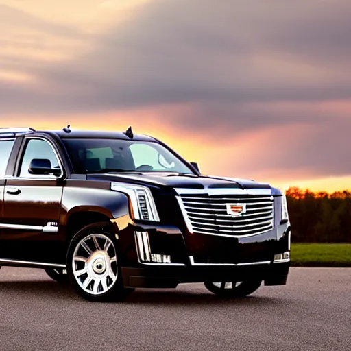 Prompt: A Cadillac Escalade fused with a GMC Yukon, car photography, wide shot, sunset