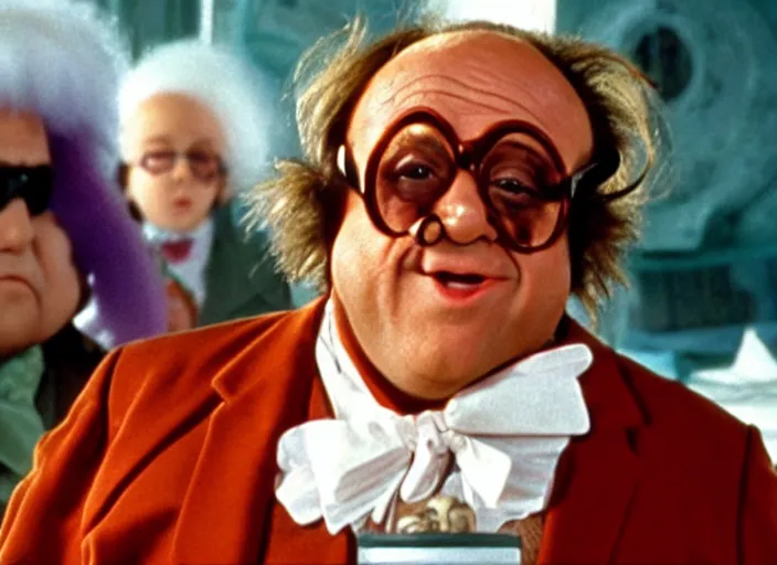 Prompt: film still of Danny Devito wearing his glasses as an Oompa Loompa in Willy Wonka and the Chocolate Factory 1971