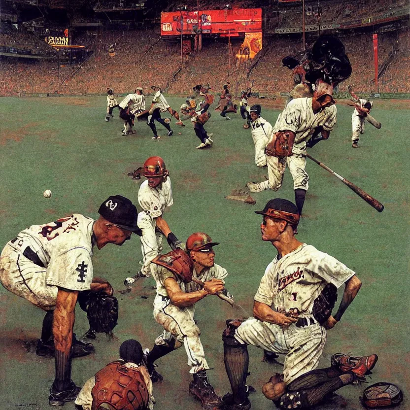 Prompt: a baseball field with an ancient monolith with glowing runes. highly detailed painting by norman rockwell and syd mead. rich colors, high contrast, gloomy atmosphere, dark background.