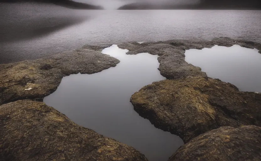 Prompt: extreme low angle camera lens partially submerged in water showing the surface of a lake with a rocky lake shore in the foreground, scene from a film directed by charlie kaufman ( 2 0 0 1 ), foggy volumetric light morning, extremely moody, cinematic shot on anamorphic lenses