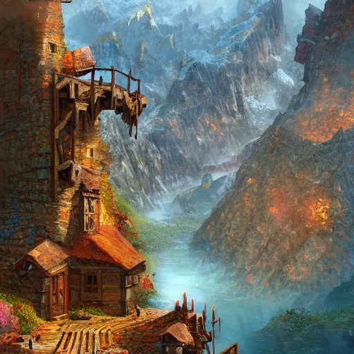 Image similar to beautiful fantasy landscape showing dwarven mining village in the mountains, by marc simonetti, anthony avon, nick gindraux, mark li, high quality, trending on artstation