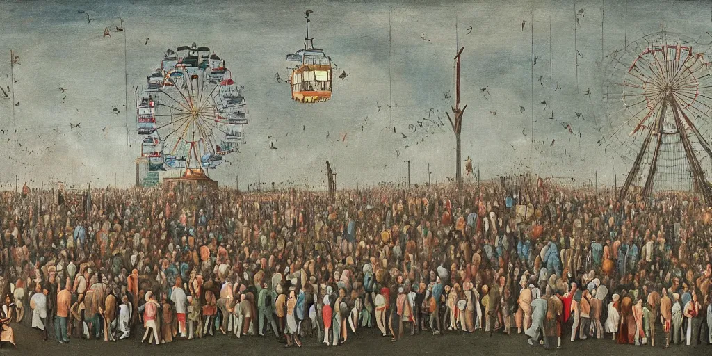 Image similar to painting of a crowd of people hanging from a ferris wheel in the style of bosch