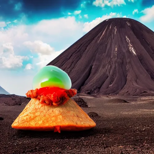 Prompt: surreal giant taco inside a volcanic landscape, award winning photography, high contrast, colorpop, beeple