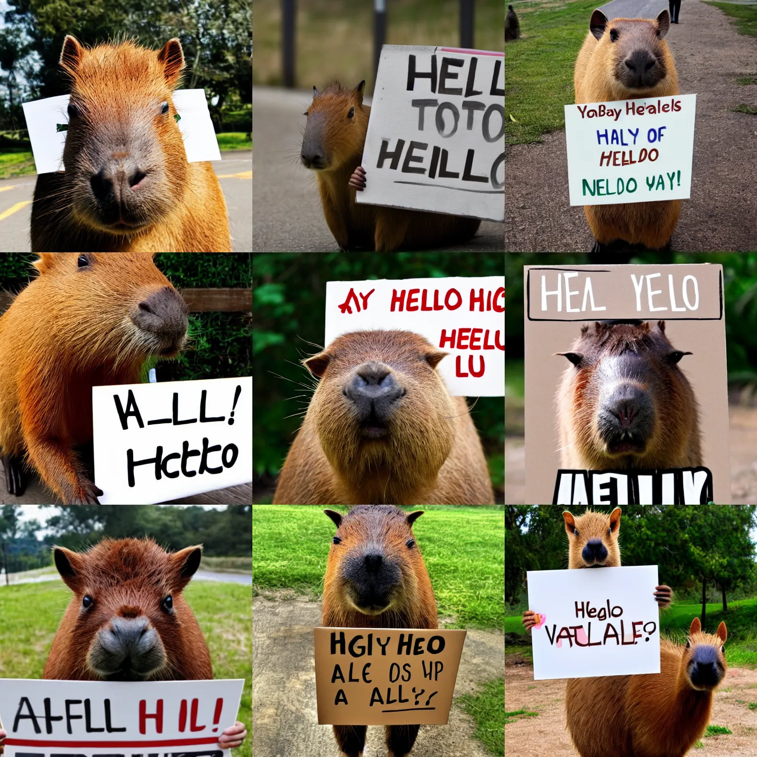 Prompt: realistic high quality photo of a capybara holding a sign with text that reads : hello