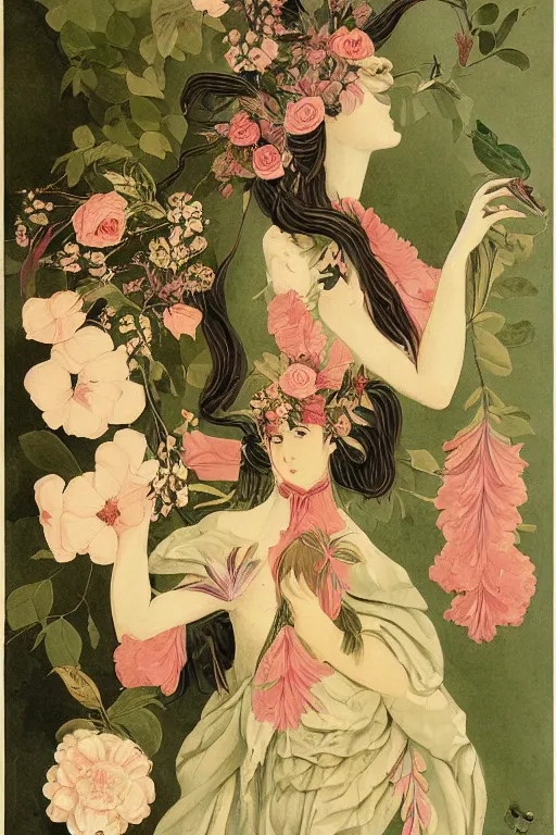 Image similar to beautiful girl Amalgamation with flowers, fruits, birds by Beto Val, John James Audubon, vintage illustration, bizarre compositions, Exquisite detail