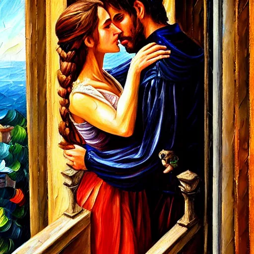 Image similar to highly detailed painting of shakespeare's romeo and juliet, balcony scene. intricate, high quality oil painting artstyle, in the style of leonid afremov, deviantart, figurative art, deviantart, ilya kuvshinov, lovecraftian, very detailed face, portrait