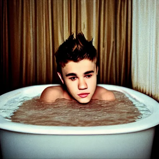 Image similar to justim bieber laying in a bathtub filled with milk, cinematic, cottage core, cinematic focus, polaroid photo bleached vintage pastel colors high - key lighting, soft lights, foggy, by steve hanks, by lisa yuskavage, by serov valentin, by tarkovsky, 8 k render, detailed, oil on canvas