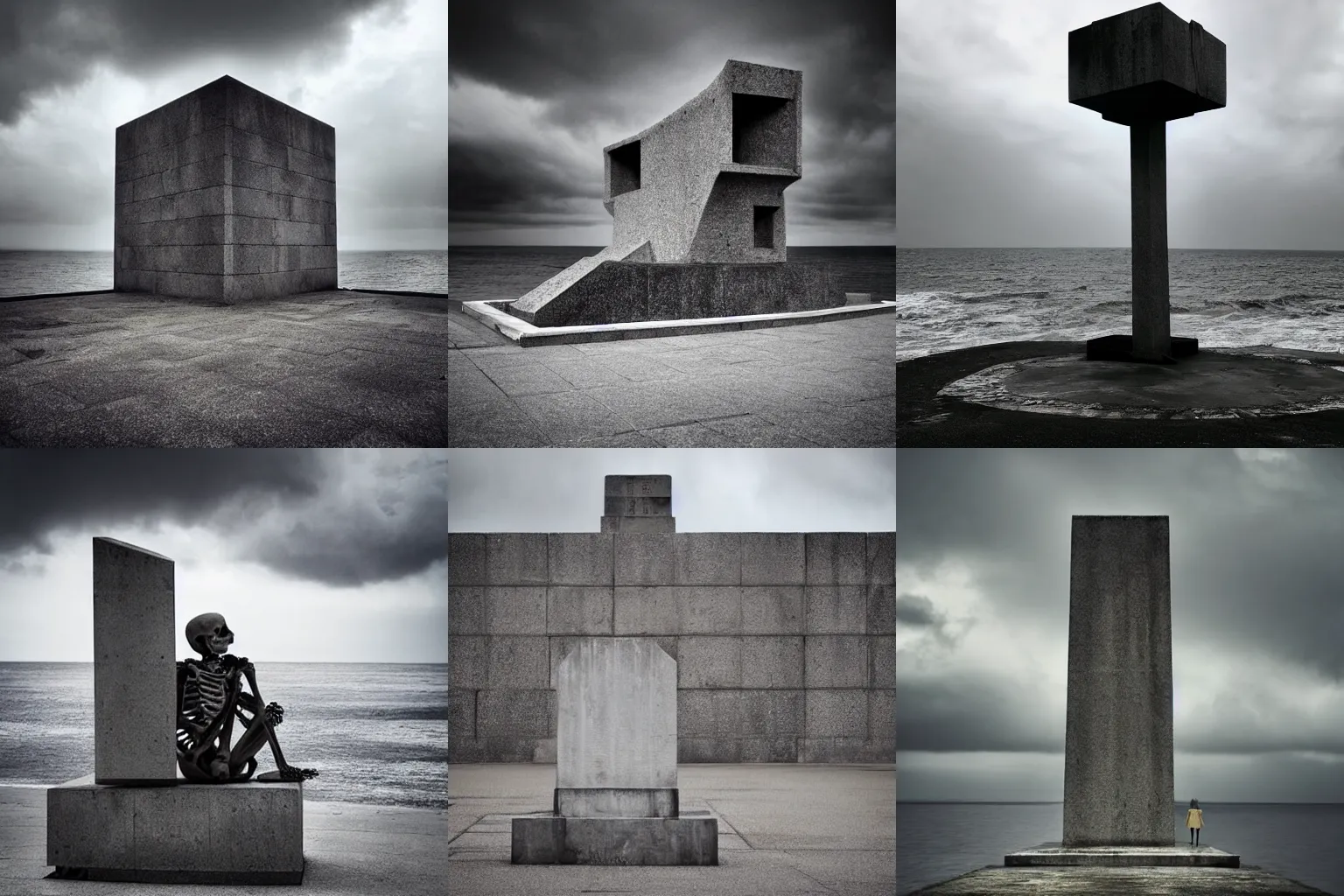 Prompt: a skeleton sitting on a beautiful, photo-realistic, surreal, and mysterious brutalist monument at the ocean under the stormy sky. trending on artstatin