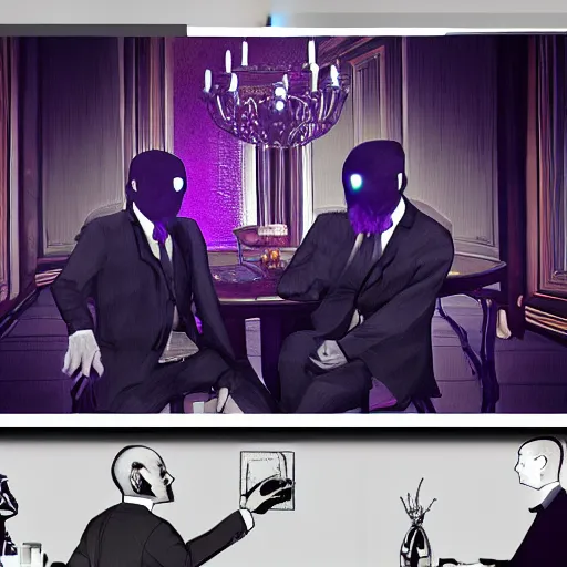 Image similar to HD render of shadow figures in suits sitting around a table in an occultic lair scheming and plotting, Ultra realistic digital art painting trending on artstation, photo realistic, black and purple colour scheme