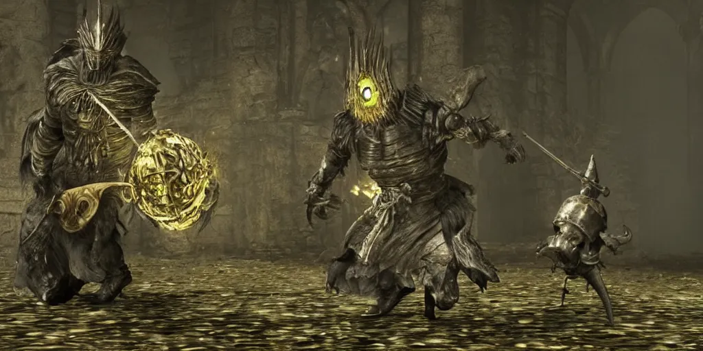 Image similar to minion as a darksouls boss, horror, hd, screenshot,