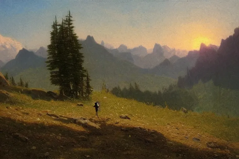 Prompt: a traveler wandering trough the mountains looking at the clouds, very detailed, focused, oil painting, cinematic lighting, albert bierstadt, trending on artstation, colorful, canvas, sunset, hans dahl, theodor kittelsen, hermann hendrich, national geographic, Konstantin Yakovlevich Kryzhitsky, beautiful nature, breathtakingn nordic, trees