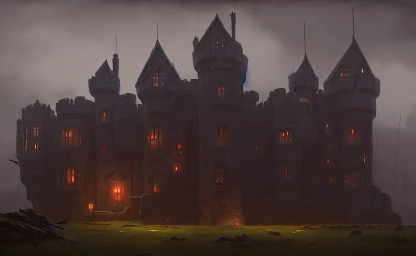 Image similar to an old english castle with moody and cinematic lighting by greg ruthkowski and simon stalenhag jama jurabaev and illya repin, cinematic and atmospheric, concept art, artstation, trending on artstation