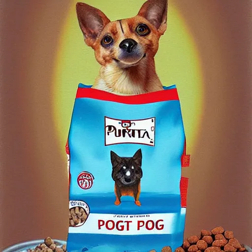 Image similar to bag of purina dog food surrealist painting