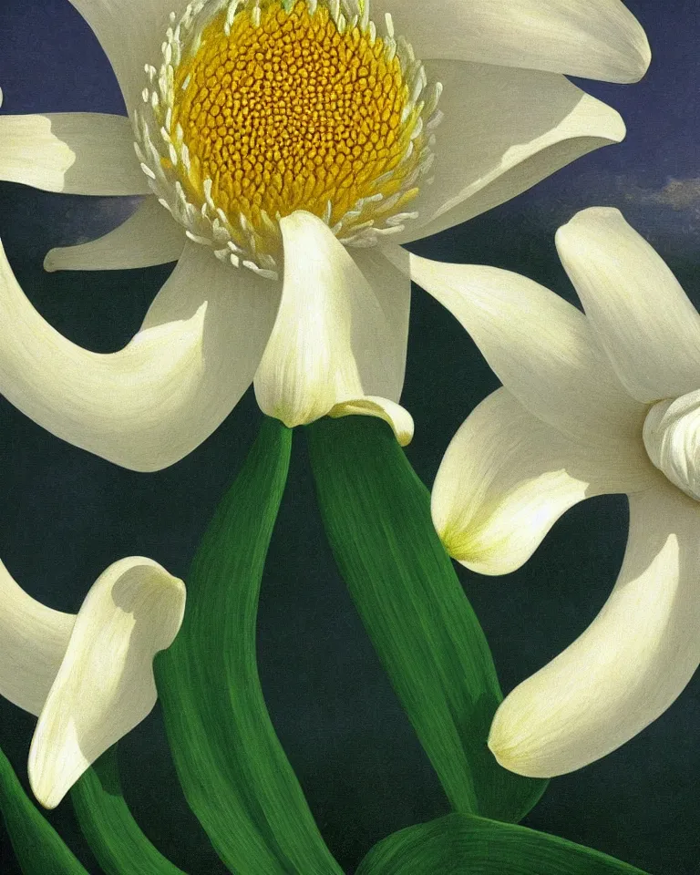 Prompt: achingly beautiful extreme close up painting of one white lily blossom by rene magritte, monet, and turner. piranesi. macro lens, symmetry, circular.