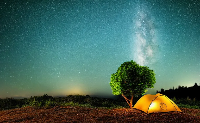 Image similar to photography of many stars at night with a tree in foreground and a tent, highly detailed, photorealistic