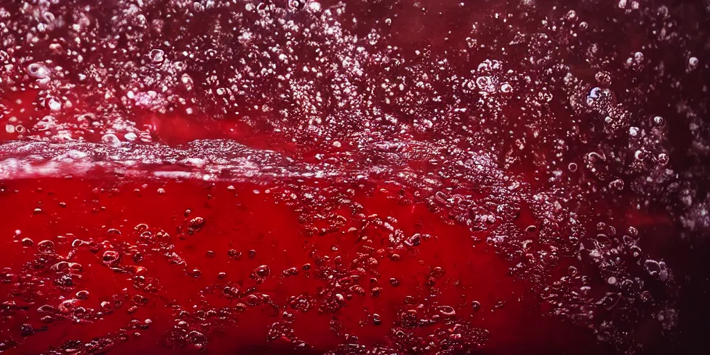 Image similar to scientific studio photograph of a clear water solution attempting to mix with red oil, with bubbles and unmerging layered systems. artstation hq, 8 k