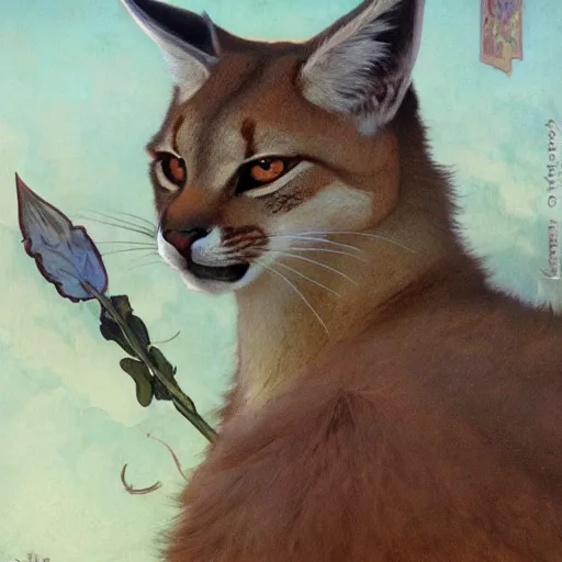 Image similar to concept art, a cute fluffy caracal, laurel wreath on his head, 8 k, alphonse mucha, james gurney, greg rutkowski, john howe, artstation