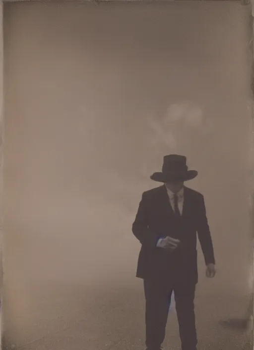 Image similar to mysterious man in suit and hat shrouded in smoke, in a big industrial city metropoli with a cloudy sky, polaroid artistic photo