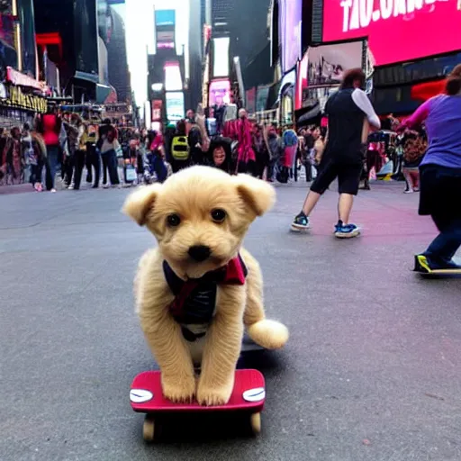 Image similar to a teddy puppy on a skateboard in times square