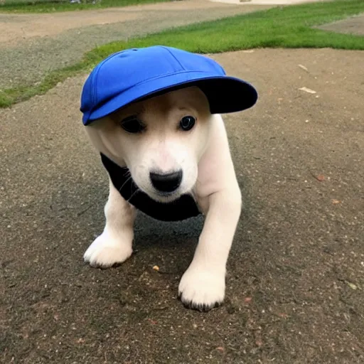 Image similar to Photograph of a puppy wearing a baseball cap