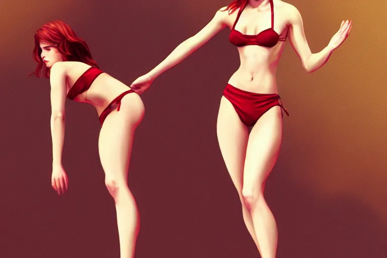Image similar to Red-haired beauty Emma Watson in a bikini, full body, full height , highly detailed, mid-shot ,pixiv , digital painting , concept art