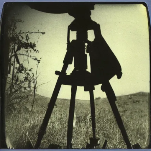 Image similar to old polaroid depicting a martian tripod walker from war of the worlds, at a clearing, in the distance