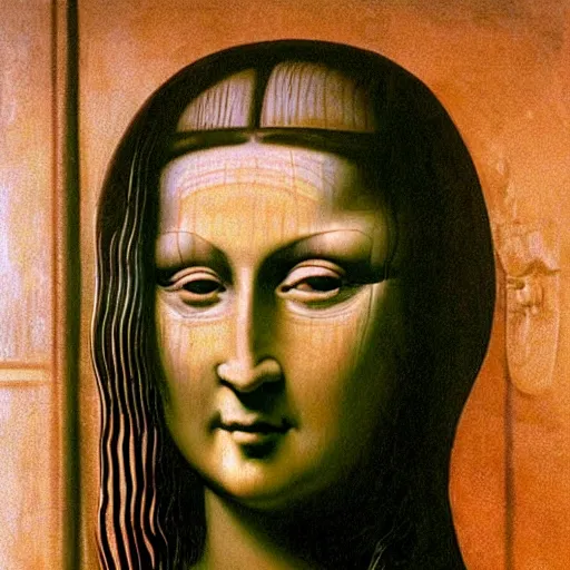 Prompt: The monalisa, reimagined in the style of H.R. Giger, is a dark and eerie portrait of a woman with a hidden, sinister smile. Her eyes seem to follow you as you move, and her skin is cold and pale. She is not a woman to be trifled with.