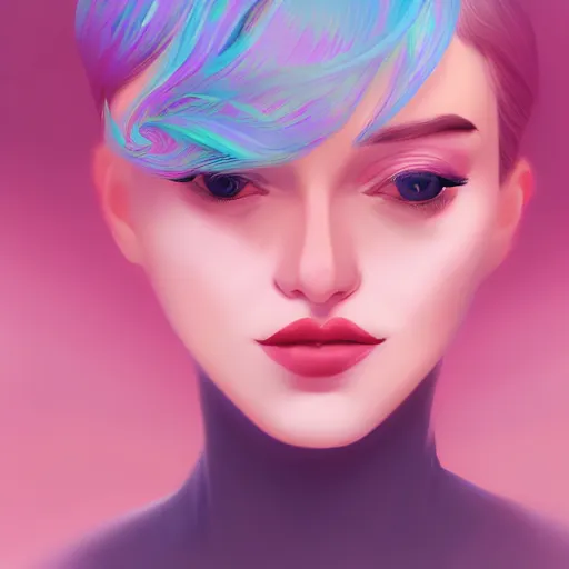 Image similar to portrait of a woman inspired by lois van baarle, illustration iridescent, iridescent hair, face, hair styles, light make up self confidence, cinematic 8 k