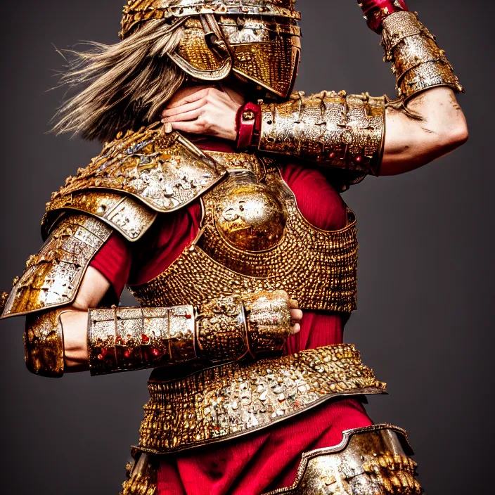 Image similar to full body photo of a beautiful strong warrior queen wearing ruby encrusted armour, highly detailed, 4 k, hdr, smooth, sharp focus, high resolution, award - winning photo