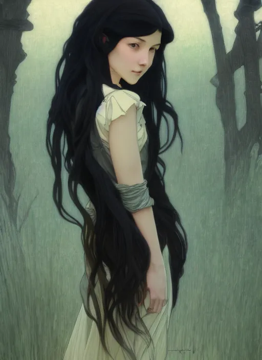 Image similar to pretty young woman with long black hair walking in the darkness, path traced, highly detailed, high quality, digital painting, by studio ghibli and alphonse mucha, leesha hannigan, makoto shinkai, disney