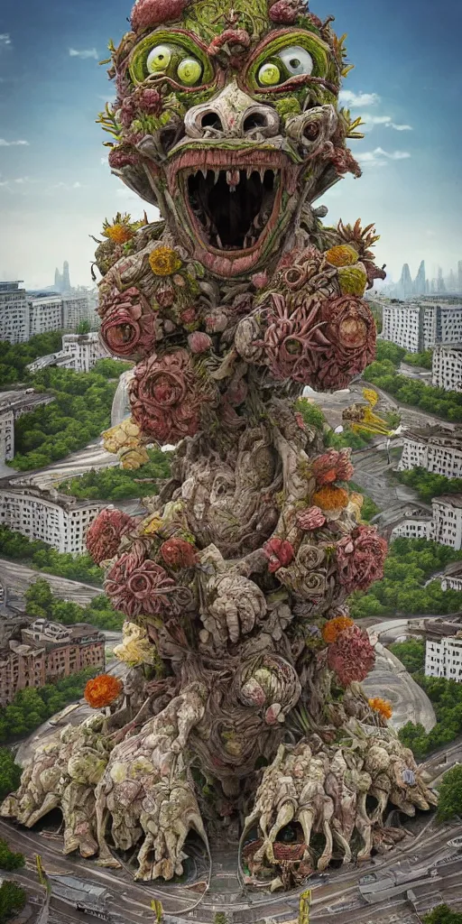 Prompt: colossal grotesque prehistoric alien flower made from best unfulfilled mankind projects in the middle of abandoned post soviet constructivist cityscape, Stalinist architecture, ultradetailed, Intricate by Hayao Miyazaki and Josan Gonzalez and Makoto Shinkai and Giuseppe Arcimboldo and Wes Anderson