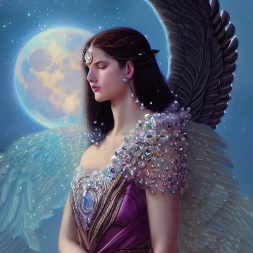 Image similar to A beautiful digital painting of a female angel full of jewels, princess, the moon behind her, intricate, cinematic lighting, highly detailed, digital painting, Artstation, concept art, smooth, sharp focus, illustration, art by Tom Bagshaw, Artgerm and Greg Rutkowski