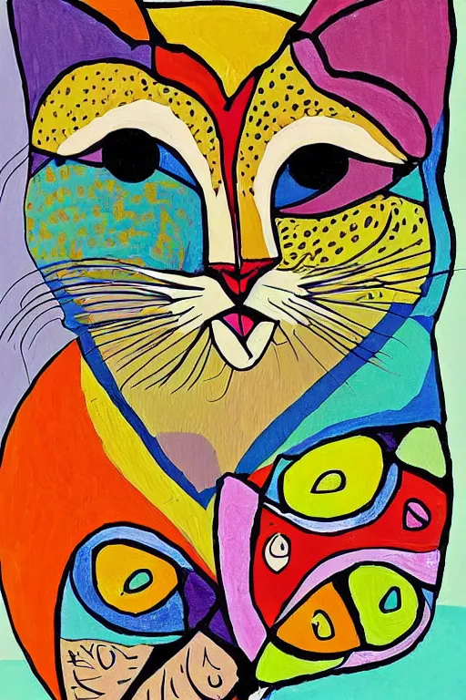 Prompt: beautiful art illustration of cat by laurel burch