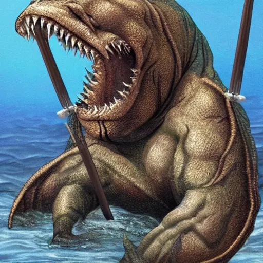 Prompt: hyper realistic sea monster with spears sticking out of it's skin