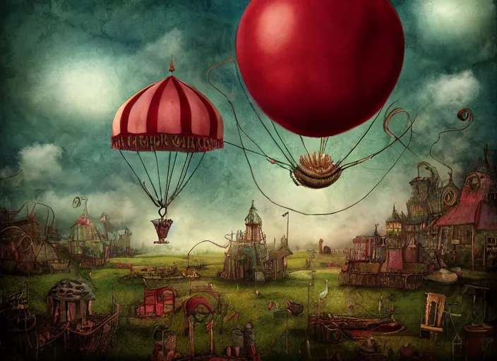 Prompt: octopus balloon flying over circus tent, lowbrow, matte painting in the style of alexander jansson,