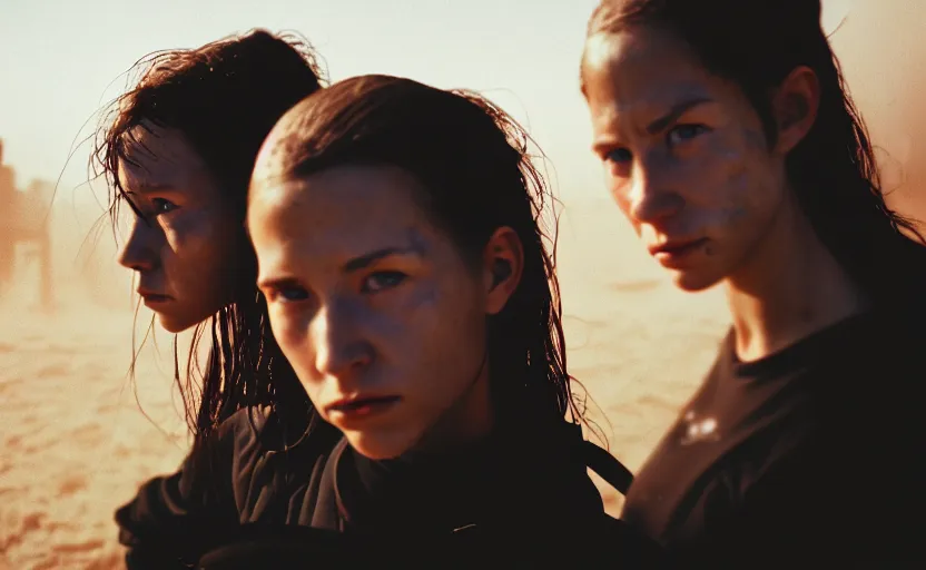 Image similar to cinestill 5 0 d candid photographic portrait by helen levitt of two loving female androids wearing rugged black mesh techwear in treacherous waters, extreme closeup, modern cyberpunk moody emotional cinematic, dust storm, 8 k, hd, high resolution, 3 5 mm, f / 3 2, ultra realistic faces, ex machina