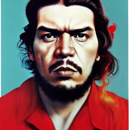 Image similar to colour masterpiece surreal closeup portrait photography of che guevara by miho hirano and annie leibovitz and michael cheval, red and white smoke background, 8 k