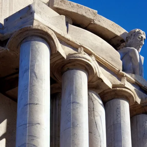 Image similar to a man in the form of a greek sculpture, holding huge eye, pillar, greek architecture, made of marble