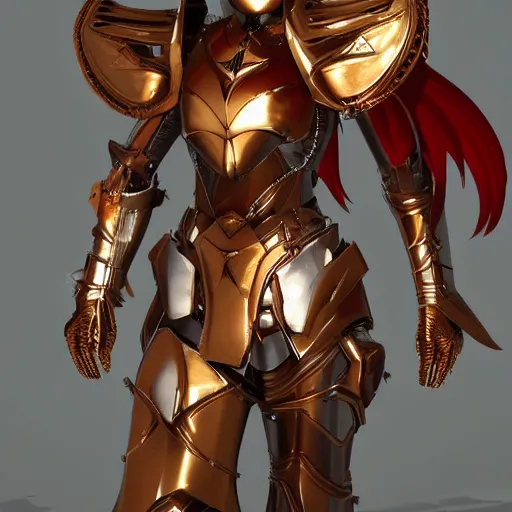 Image similar to picture of metal armored valkyrie, crimson plated, sword and shield, golden wings, divine vibes, light brown hair, white skin, shiny golden eyes, sky background, sharp focus, highly detailed, cinematic lighting, studio quality, smooth render, unreal engine 5 rendered, octane, rendered