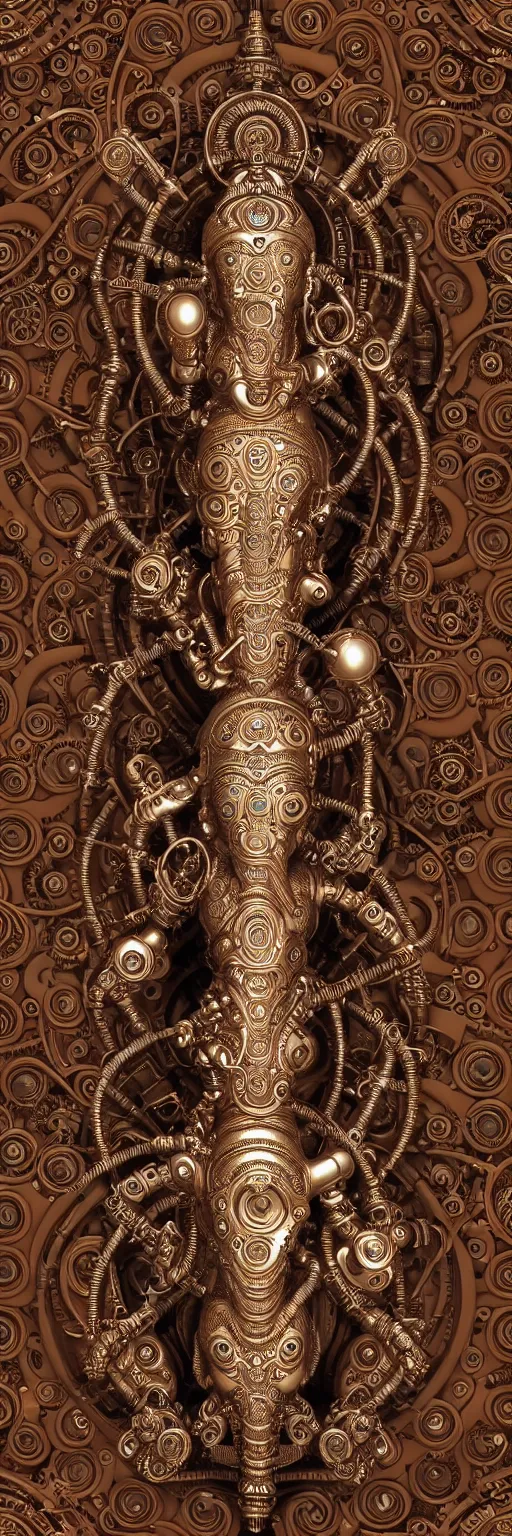 Image similar to seamless pattern of steampunk cybernetic biomechanical hindu god ganesha, symmetric, 3 d model, very coherent symmetrical artwork, unreal engine realistic render, 8 k, micro detail, intricate, elegant, highly detailed, centered, digital painting, artstation, smooth, sharp focus, illustration, artgerm, tomasz alen kopera, wlop